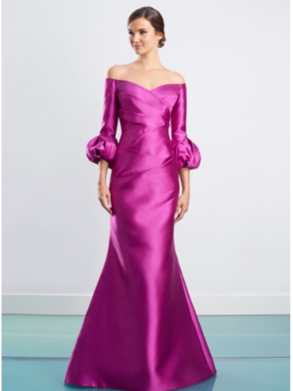 Alexander by Daymor 1465 Couture Gown 
 Fuchsia Satin Long-Sleeve Evening Gown